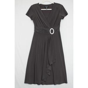 R & M Richards Midi Dress Surplice Ruched Cascade Women 8 Dark Brown Festive